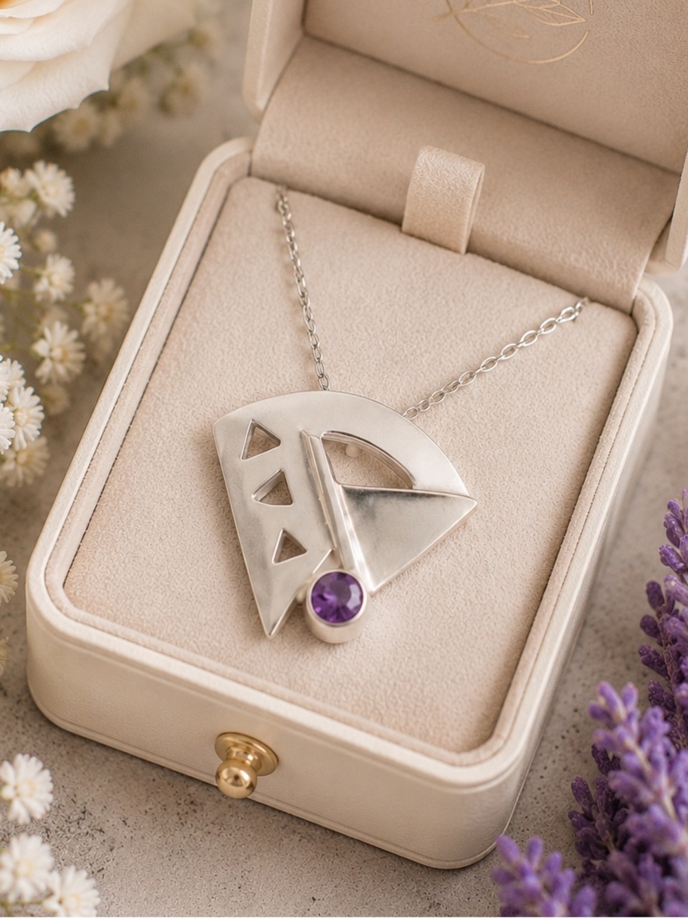 925 Sterling Silver Modern Geometric Necklace Pendant Purple Amethyst Artisan